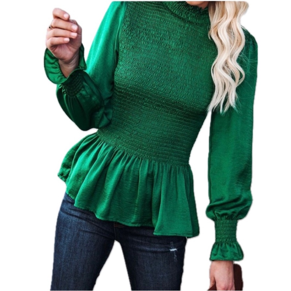 Flawless Kelly Green Mock Neck Long Sleeve Smocked Peplum Top